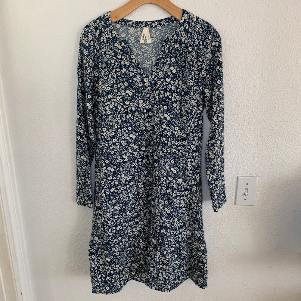 Pact XS Blue White Floral Organic Cotton Long Sleeve Mini Tiered skirt draw cord